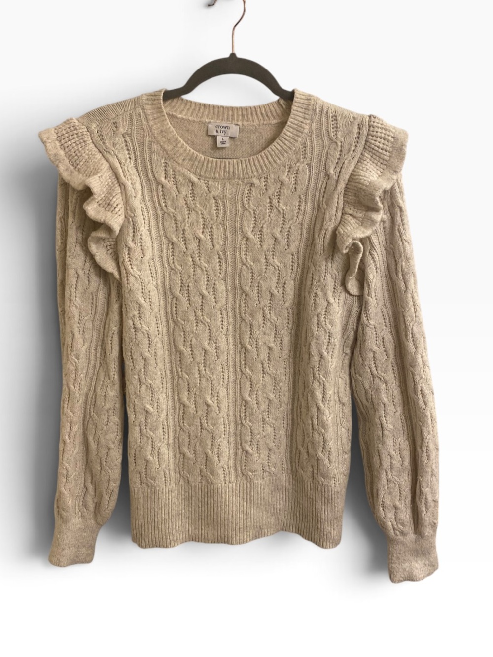 CROWN & IVY BEIGE SOFT FEMININE RUFFLE SWEATER SIZE LARGE BOHO NEUTRAL FEMININE